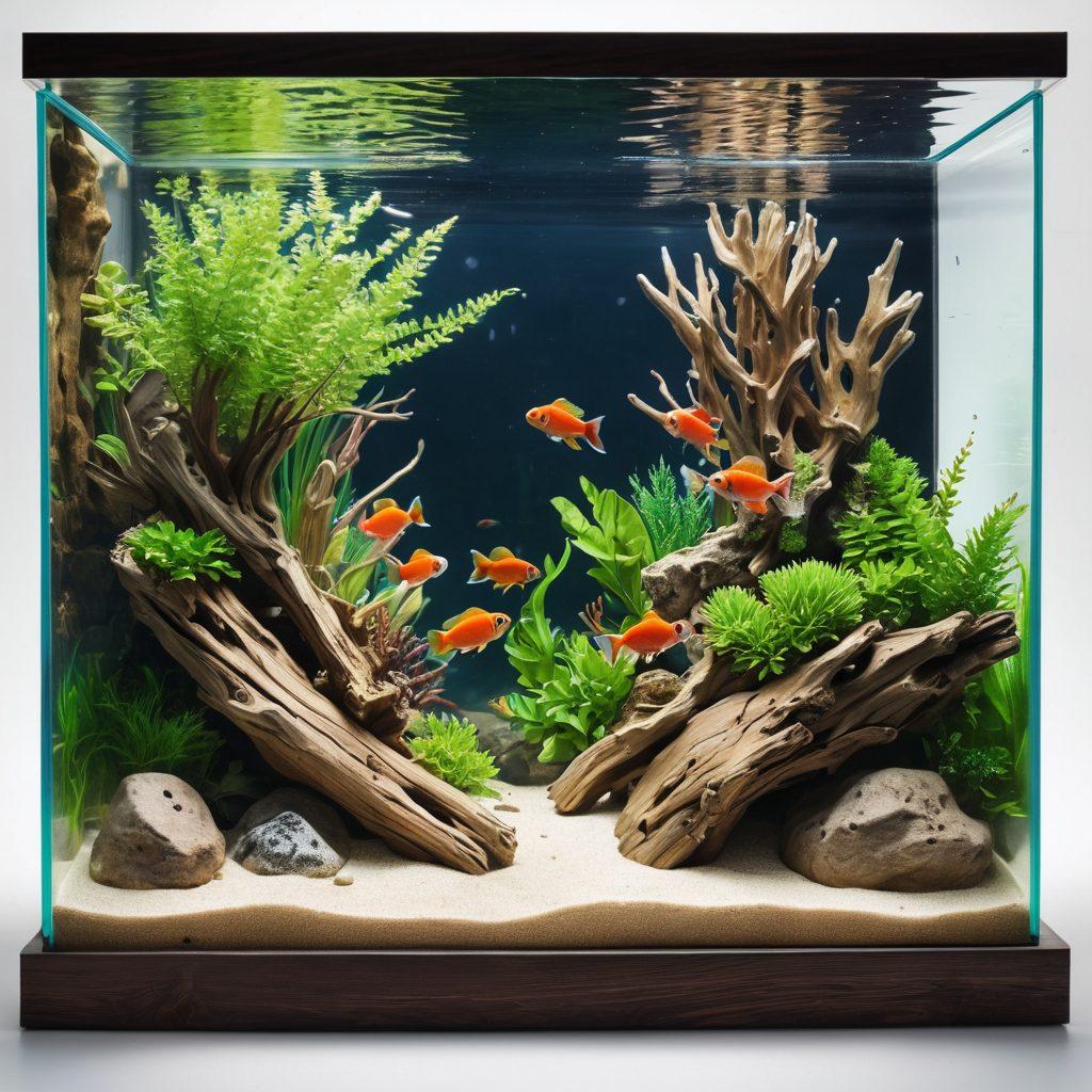 A serene underwater scene showcasing a vibrant aquarium filled with lush aquatic plants, colorful fish swimming among coral reefs, and a well-structured layout of rocks and driftwood. Above the aquarium, a warm, inviting glow of ambient light enhances the tranquility of the setting. Include hobbyists attentively caring for the aquarium, illustrating passion and dedication. super-realistic. vibrant colors. white background.