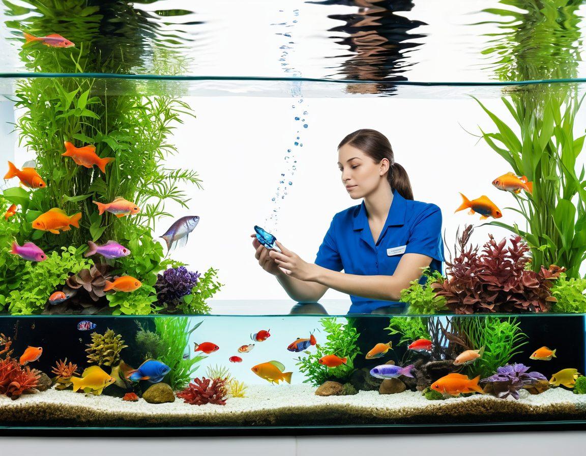 A serene underwater scene showcasing a vibrant aquarium filled with various colorful fish swimming gracefully among lush aquatic plants, with sparkling water bubbles and a harmonious ambiance. To the side, a knowledgeable fish keeper inspects the tank, holding a water testing kit, symbolizing care and dedication. super-realistic. vibrant colors. white background.