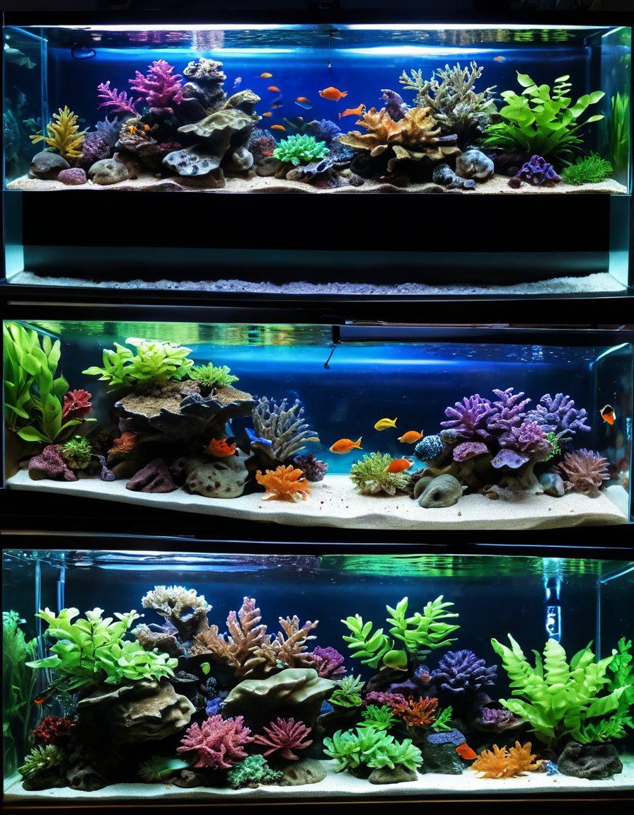 A visually appealing split image showing a vibrant freshwater tank on one side with lush plants and colorful fish, transitioning to a stunning reef tank filled with corals and exotic marine life on the other side. Include essential equipment like filters, heaters, and maintenance tools subtly integrated in the background. Bright, inviting colors to enhance the aquatic theme. super-realistic. vibrant colors.